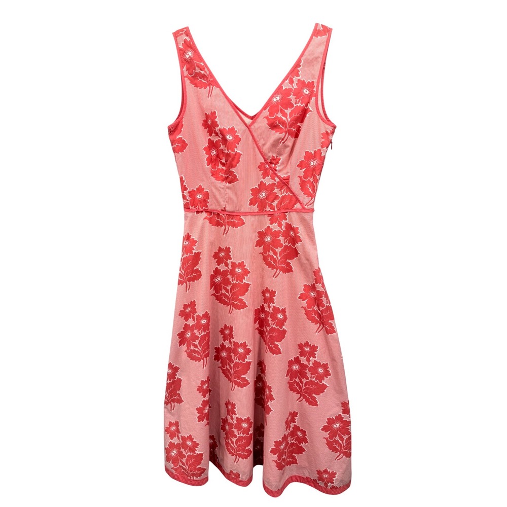 Boden Fit and Flare Dress Womens 8 Pink‎ Floral Striped Cotton V-Neck Sleeveless